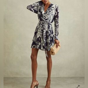 Reiss Navy and White Floral Long Sleeve Dress